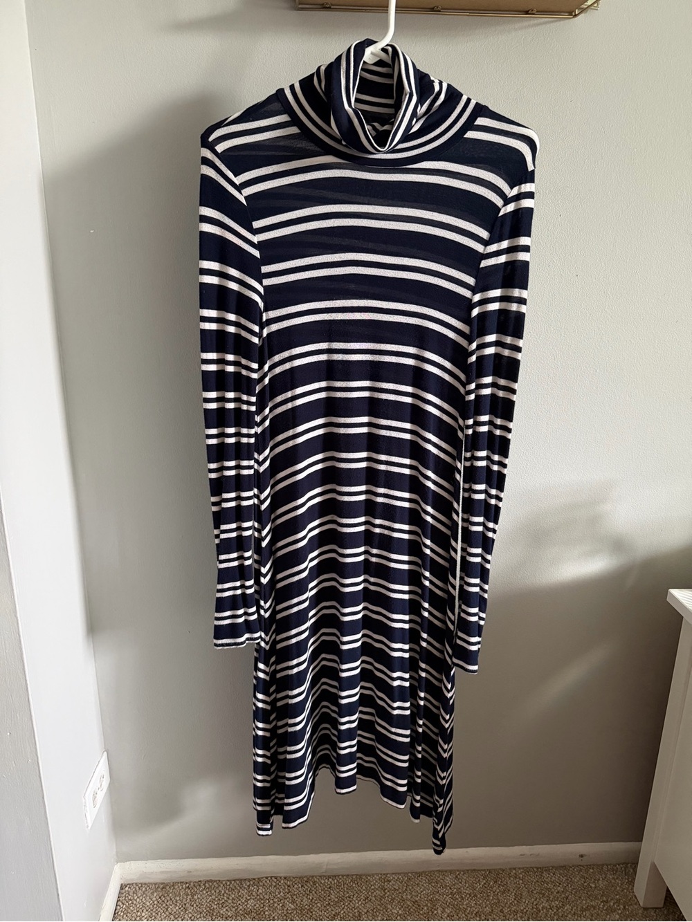 Maeve Navy and White Striped Turtleneck Dress